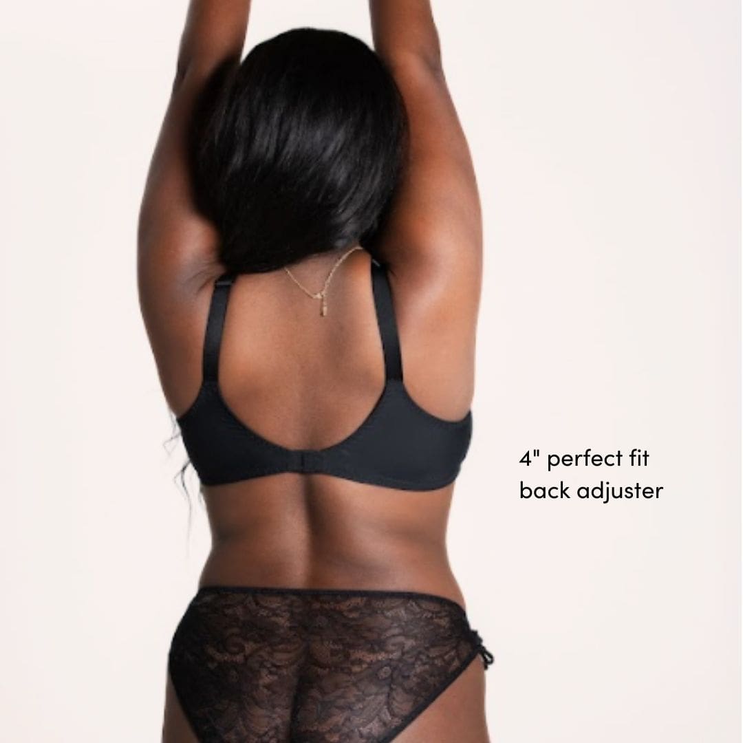 Adjustable front closure bra with 4 inches of adjustability - black