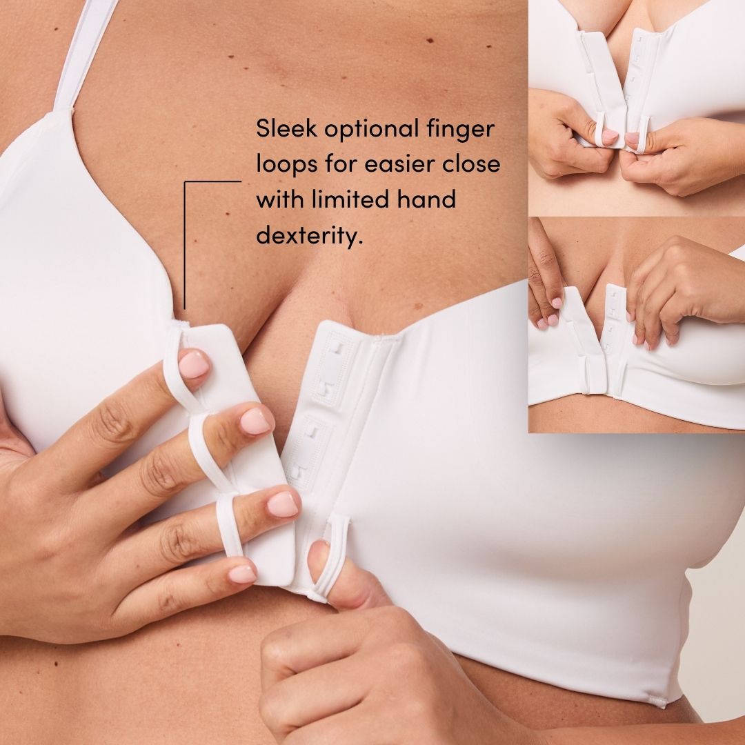 Smooth-on t-shirt front-closure wireless bra for older women with optional finger loops for limited hand dexterity