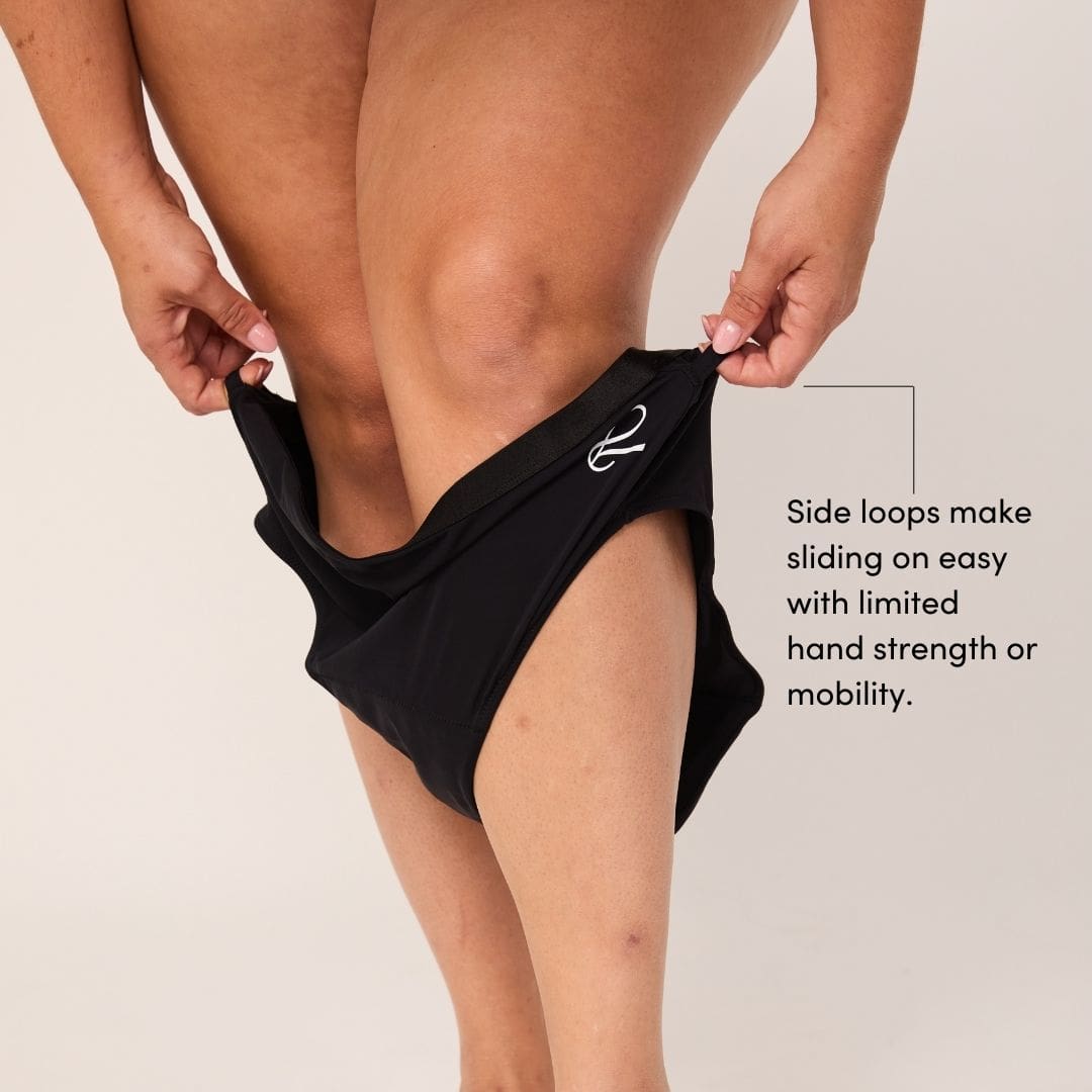 Bladder leak-proof briefs for incontenence with side loops for easy-on dressing