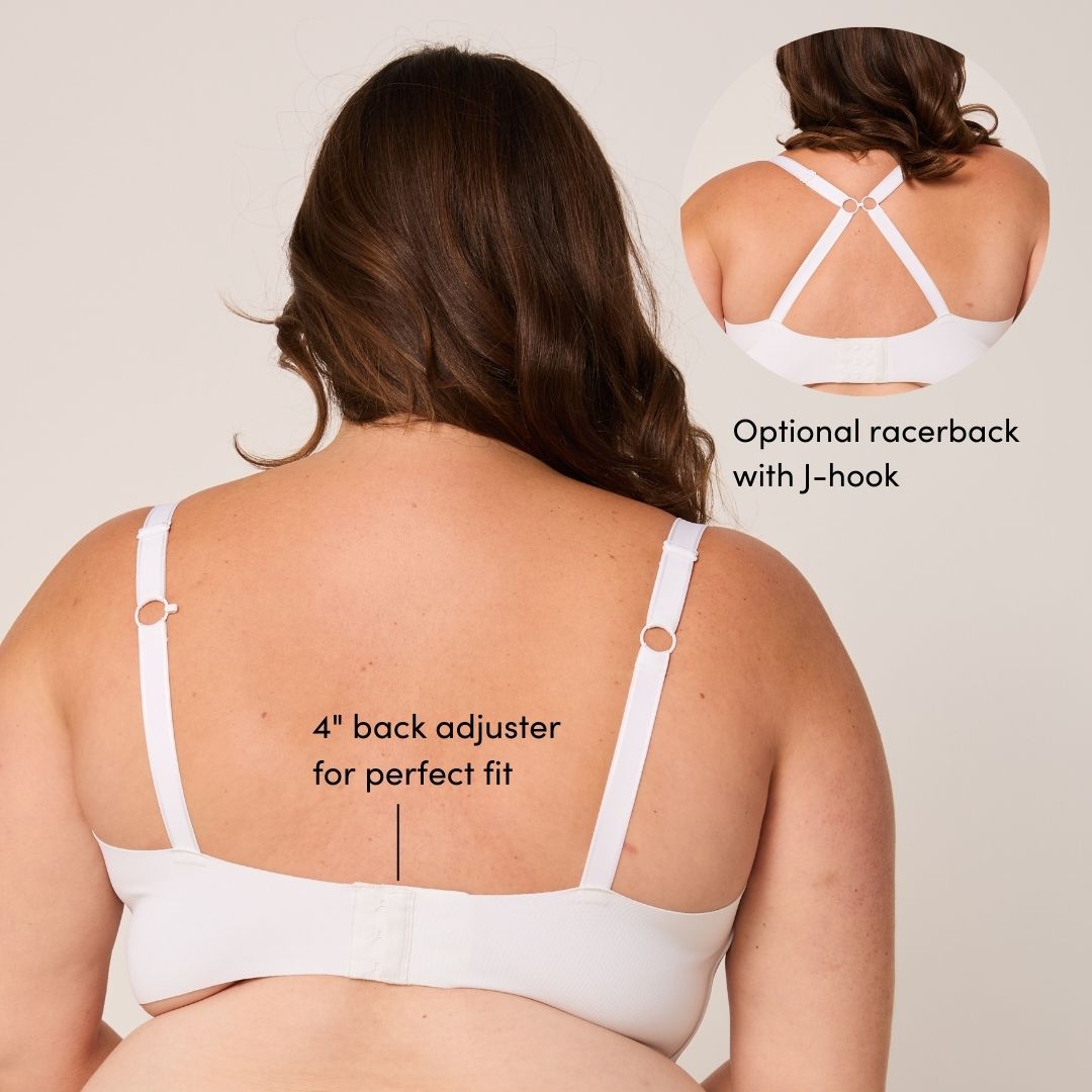 Smooth-on t-shirt front-closure wireless bra for older women with optional racerback and back adjuster