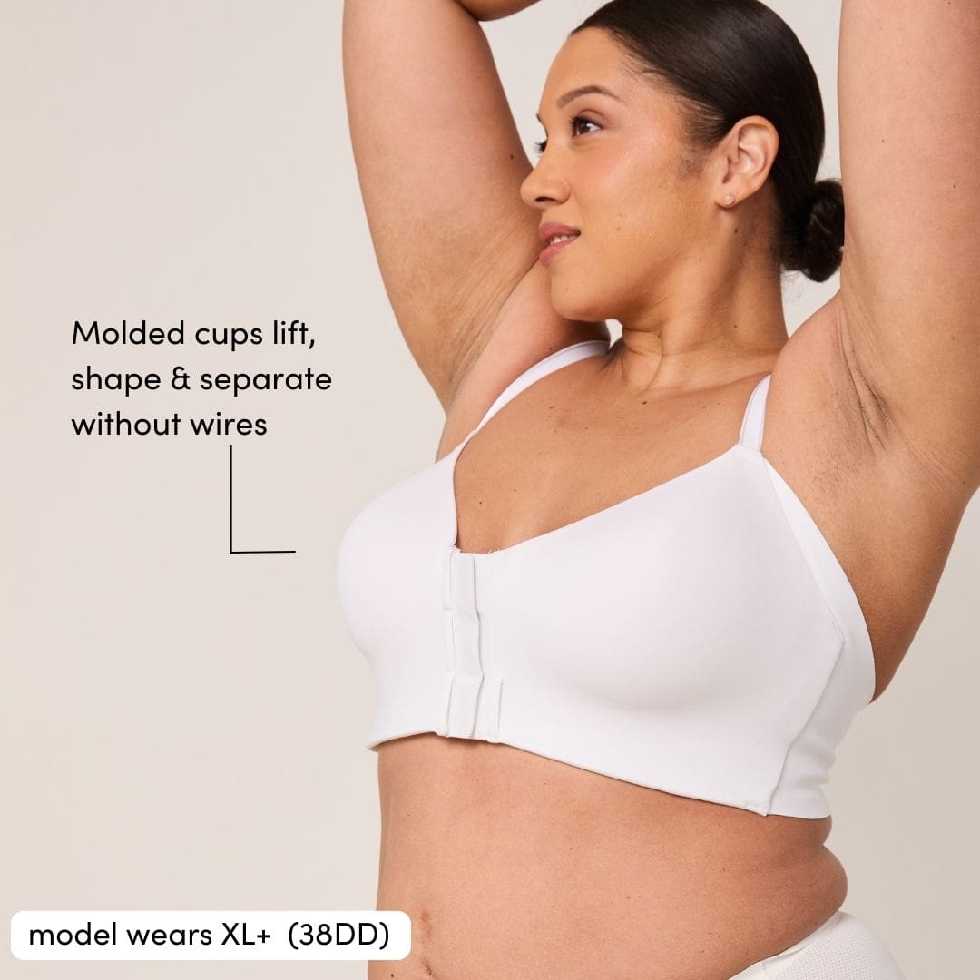 Smooth-on t-shirt front-closure wireless bra for older women with molded cups, shape, and separation